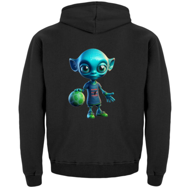 Ein schwarzer Kinder-Hoodie mit dem Bild einer außerirdischen Handballspieler-Elfe.