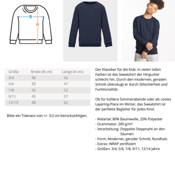Ein Kinder-Sweatshirt „Handball 3 Farben“ mit Maßangaben.