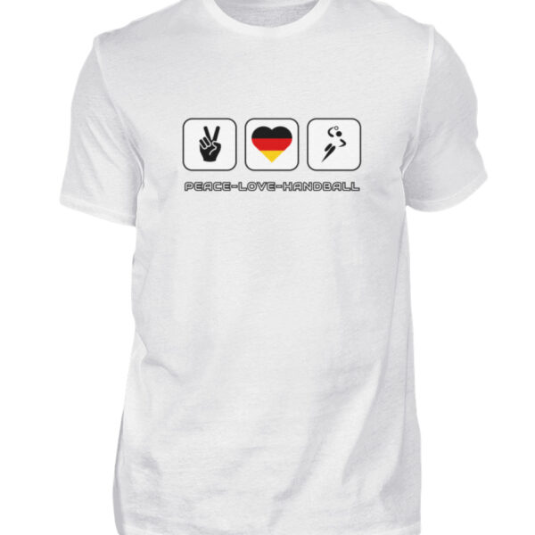 Ein weißes PEACE-LOVE-HANDBALL-Herrenshirt.