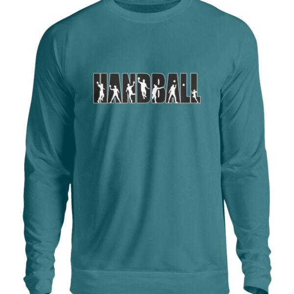 Ein blaugrüner Unisex-Pullover mit der Handball-Silhouette.