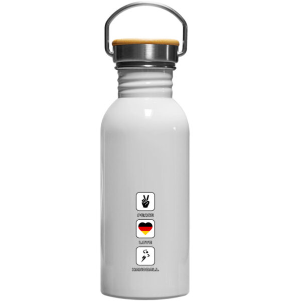Eine weiße Edelstahl-Trinkflasche mit PEACE-LOVE-HANDBALL-Design.